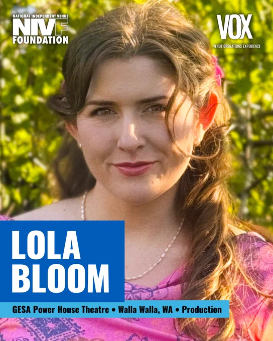 Close-up portrait of a woman with long hair and a colorful dress, set outdoors. Features event branding and text details.