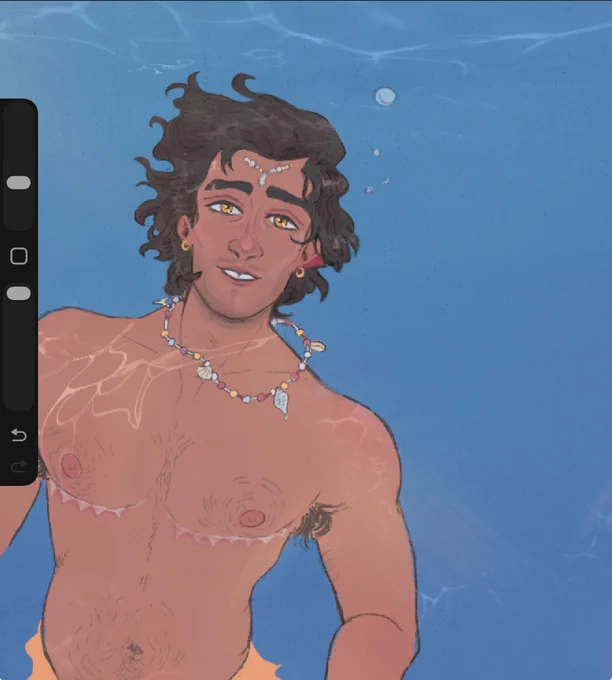 In-progress digital drawing of jayce talis interpreted as a mermaid. He is floating in sunny blue water and looking at the viewer with a radiant smile, sparkling golden eyes & shell jewelry