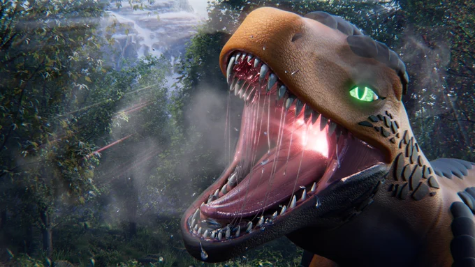 Close-up 3D render of a female raptor with glowing green eyes 
and wide open jaws, saliva strands catching the light, 
deep forest background 
