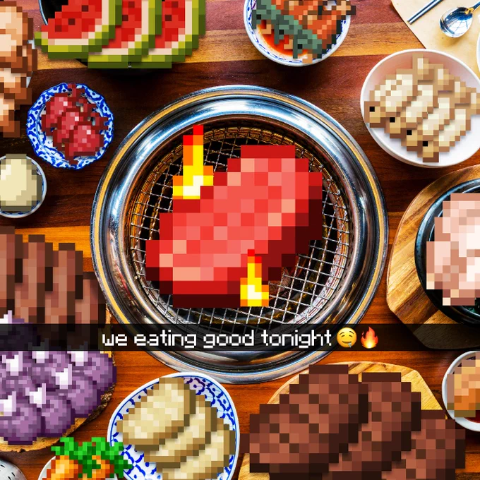 Image of an assortment of Minecraft foods placed on real life plates. text in the middle of the screen reads "we eating good tonight 🤤🔥