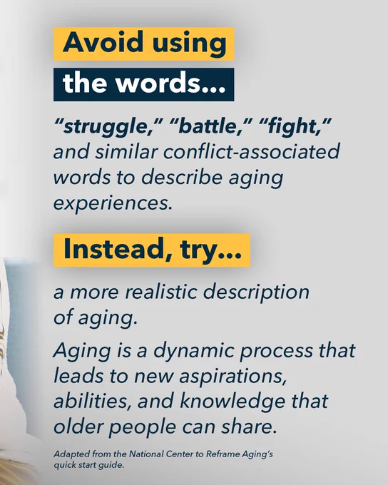 Text offering advice on language about aging. It suggests avoiding words like "struggle," "battle," and "fight" when describing aging. Instead, it recommends using realistic descriptions, emphasizing aging as a dynamic process leading to new aspirations and knowledge. Adapted from the National Center to Reframe Aging's quick start guide.