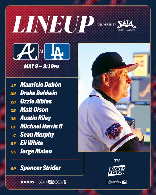 Dubón LF, Baldwin DH, Albies 2B, Olson 1B, Riley 3B, Harris II CF, Murphy C, White RF, Mateo SS, Strider P. First pitch at 9:10pm eastern