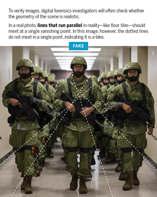 To verify images, digital forensics investigators will often check whether the geometry of the scene is realistic. In a real photo, lines that run parallel in reality—like floor tiles—should meet at a single vanishing point. In this image, however, the dotted lines do not meet in a single point, indicating it is a fake.
Image: an AI-generated image of soldiers marching down a hallway in three lines, wearing fatigues and carrying rifles. Four dotted white lines have been added over the image, running along the floor tiles visible in the foreground and extending back to where the vanishing point should be, behind the soldiers. Instead of meeting in a single point, the lines all cross at different points.