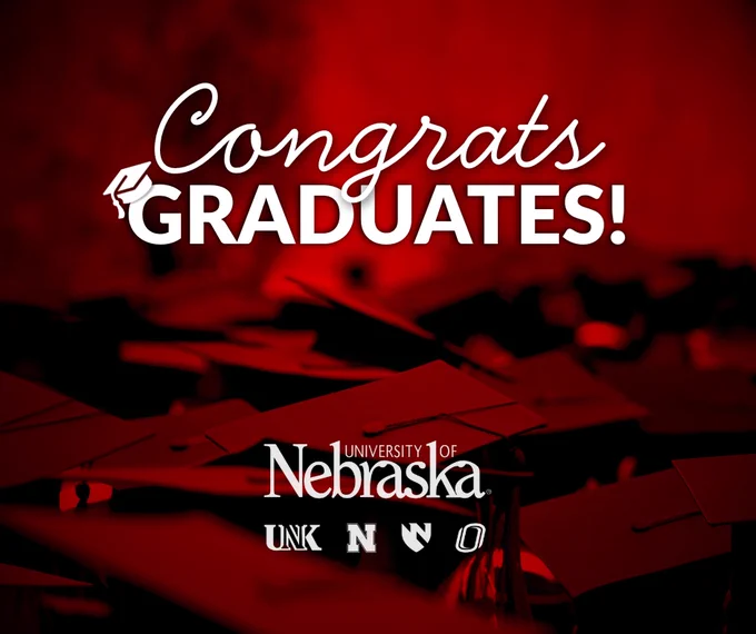 Graduate's caps with text "Congrats Graduates!" and University of Nebraska System logos.