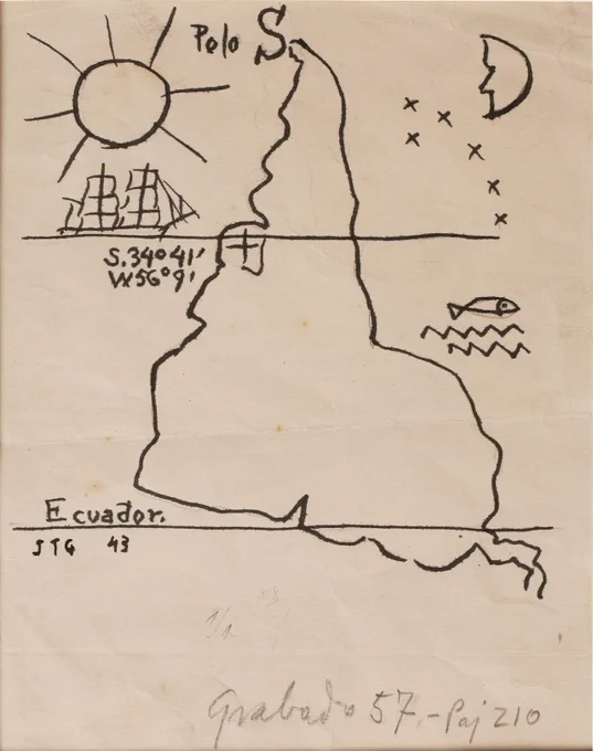 Black‑ink hand drawing on paper illustrating a simplified Earth divided by the Equator. The left side shows daylight with a sun above water and a sailing ship; the right side shows nighttime with a crescent moon, stars, and a fish in the water. A vertical land shape runs from the South Pole through the Equator. Handwritten labels read “Polo S,” geographic coordinates, and “Ecuador.”