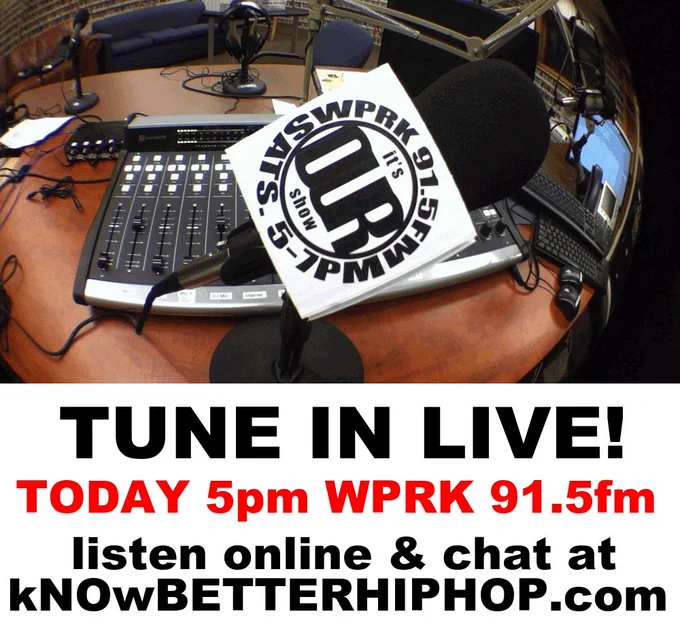 Picture inside the radio station with the sound board and a microphone with the out show logo with a message below the picture with the information to tune in.