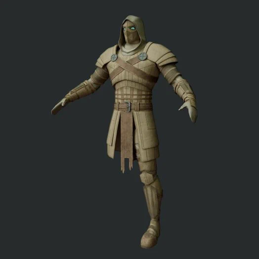 A textured 3D model of the protagonist from the game Paper History. The warrior is made of layered cardboard and wood panels, held together by straps. The model features a hood and glowing blue eyes that contrast with the warm, papery tones of the armor. One leg is a detailed prosthetic. The character is shown in a T-pose, ready for rigging and animation.