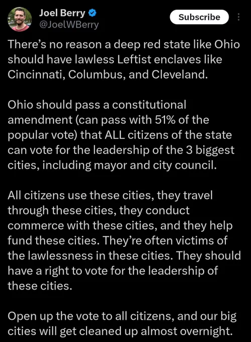some blue check dunce saying everyone in the state should be able to vote on cincinnati/columbus/cleveland issues