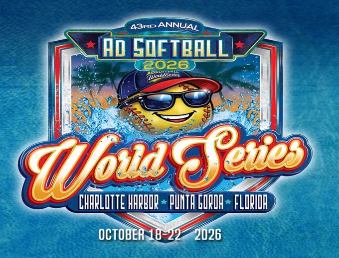 An ad for the 43rd Annual Ad Softball World Series with baseball caricature with sunglasses and a baseball cap in the center.