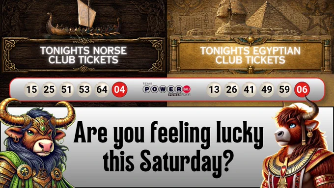 A promotional image featuring Norse and Egyptian themed club tickets with Powerball numbers and anthropomorphic characters. The tone is playful and encourages luck.