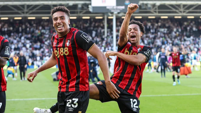 James Hill and Tyler Adams celebrate at Craven Cottage.