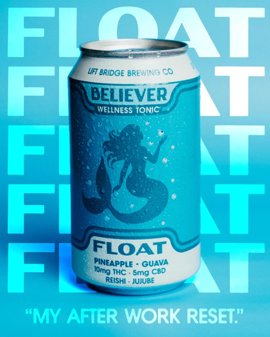 Image of a wellness tonic can with a mermaid design, featuring pineapple and guava flavors along with THC and CBD content. The background is vibrant with the word 'FLOAT' prominently repeated.