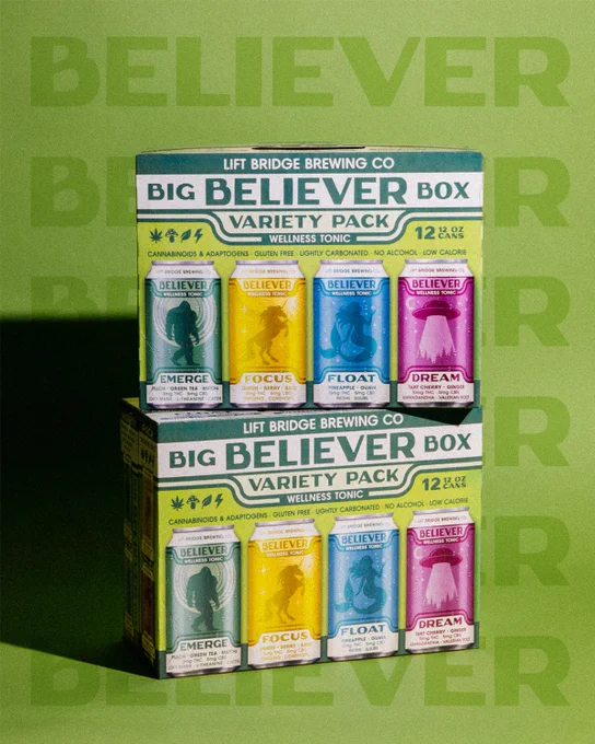 Colorful variety pack of Lift Bridge Brewing Co wellness tonics against a green background. Includes different flavors like Emerge and Dream.