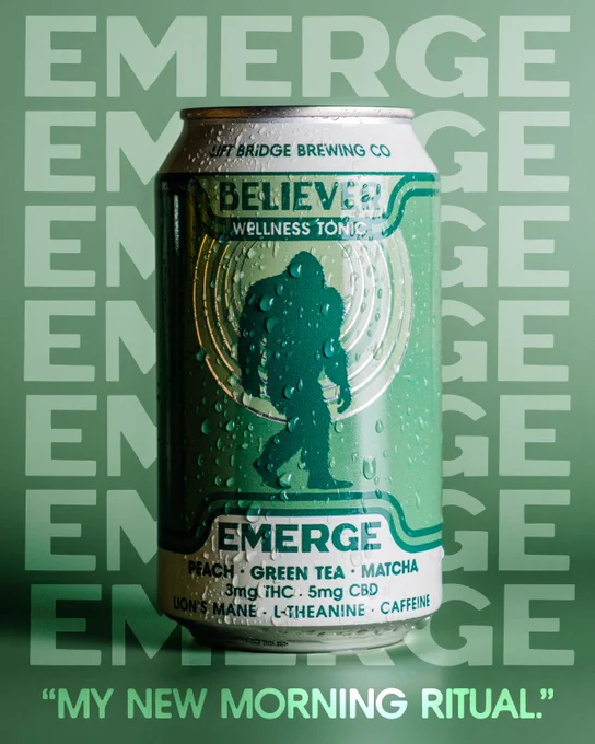 A green can of Emerge Wellness Tonic with highlighted ingredients like peach, green tea, and matcha on a repeating 'EMERGE' background. The design includes drops of water on the can and a slogan at the bottom.