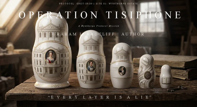 The Matryoshka Strategy

Five porcelain nesting dolls are lined up on a weathered wooden workbench in a sun-drenched, dusty 1931 attic. The lighting is "Grey-Iron" noir, highlighting the transition from grand architecture to clinical evidence.

The Layers: The largest doll features the Wynthorpe Estate and the Duchess. As the dolls decrease in size, the imagery shifts from domestic staff to a cryptic crest of skeleton keys.

The Core: The smallest doll reveals the heart of the mission: a white surface marked "1931" with an open audit ledger.

The Details: A physical iron key lies on the table, linking the porcelain symbols to reality.

The Text: The header reads PROTOCOL: GREY-IRON. The central title is OPERATION TISIPHONE. The footer delivers the narrative hook: “EVERY LAYER IS A LIE.”

This visual summarizes the forensic reconstruction of a conspiracy buried within the structural voids of history.

— Graham I. Radcliff