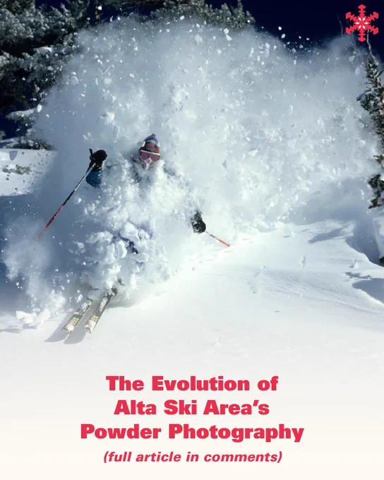 A skier moves through deep snow at Alta Ski Area, causing a large spray of powder. Tall evergreen trees are visible in the background. Text overlay reads, "The Evolution of Alta Ski Area's Powder Photography (full article in comments).