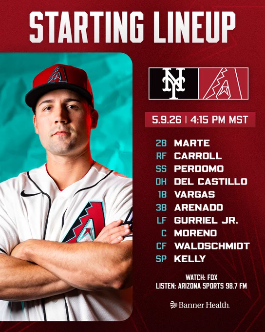 Starting Lineup | 5.9.26 | 4:15 PM MST

Mets vs. Diamondbacks (logos) | Banner Health (logo)

2B - Marte
RF - Carroll
SS - Perdomo
DH - Del Castillo
1B - Vargas
3B - Arenado
LF - Gurriel Jr.
C - Moreno
CF - Waldschmidt
SP - Kelly

Watch: FOX
Listen: Arizona Sports 98.7 FM

The graphic features an image of Ryan Waldschmidt looking at the camera with his arms crossed. He is wearing a white Diamondbacks uniform and a red cap.