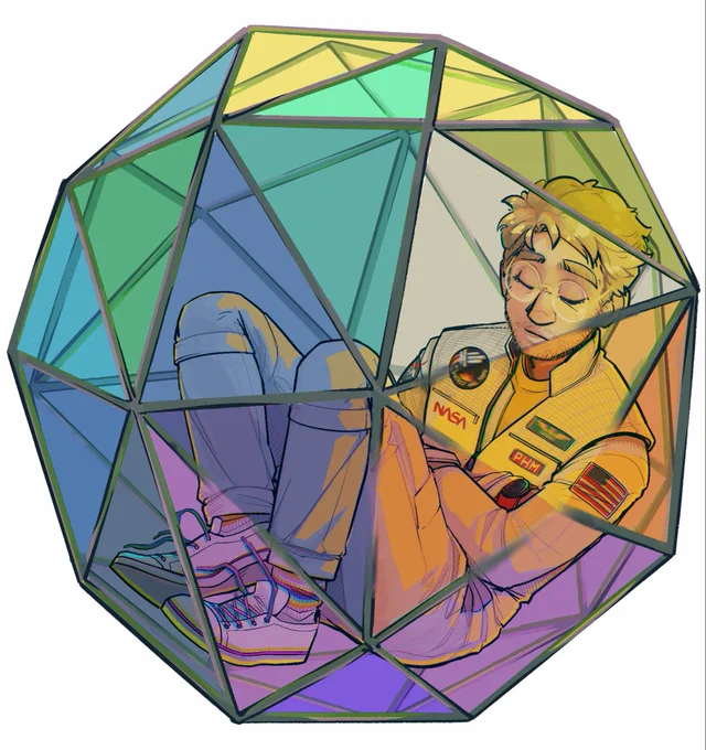 A digital fanart illustration of Dr Ryland Grace. He is drawn in cartoon style, curled up sleeping in a rainbow crystalline ball. He is wearing his white flight suit and glasses.