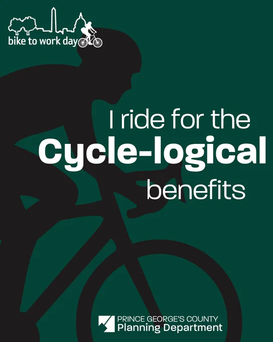 Silhouette of a cyclist with a dad joke that says I ride for the cycle-logical benefits to promote Bike to Work Day 