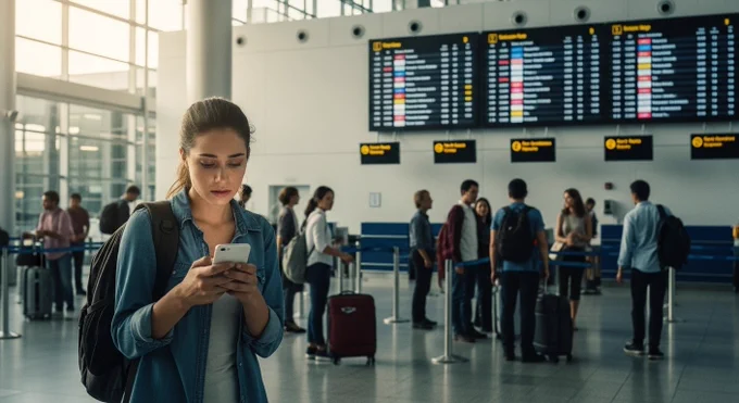 Traveler using AI-powered travel apps on a smartphone inside a modern airport terminal while checking flight tracking updates, digital boarding information, smart packing lists, and trip planning tools. The image represents artificial intelligence in travel technology, smart aviation apps, digital travel assistants, and modern connected travel experiences in 2026.
