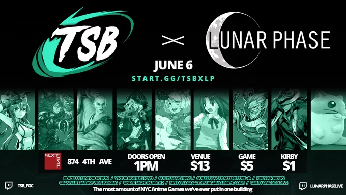TSBxLP monthly Saturday June 6th at Next Level featuring Blazblue Central Fiction at 2 PM, Granblue Fantasy at 2PM Virtua Fighter 5 World Stage at 3 PM, Guilty Gear Xrd Rev 2 at 3 PM, Guilty Gear Strive at 4 PM, Melty Blood Actress Again at 4PM, Guilty Gear Accent Core  R at 5 PM, Under Night 2 at 5 PM. $5 per game. Stream at https://twitch.tv/tsb_fgc and https:://twitch.tv/lunarphaselive