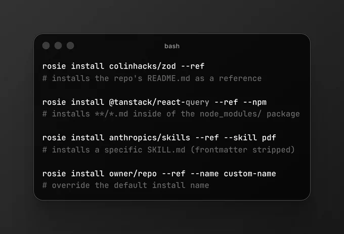 Showing off how you can install references that update your AGENTS.md file.