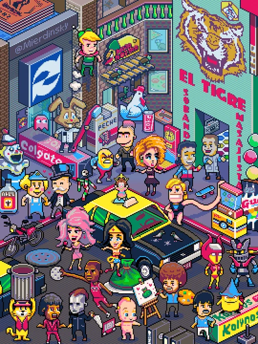 Ilustración en pixel art estilo isométrico de una calle bogotana de los años 80 llena de personajes, marcas y referencias culturales colombianas de la época