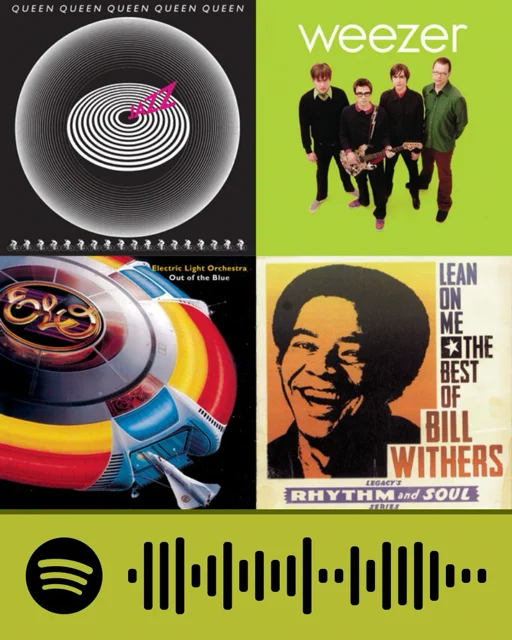 Collage of four classic album covers: Queen's 'Jazz' with a black and white spiral, Weezer's green cover with the band, Electric Light Orchestra's colorful spaceship, and Bill Withers' 'Lean on Me' with a vintage portrait.