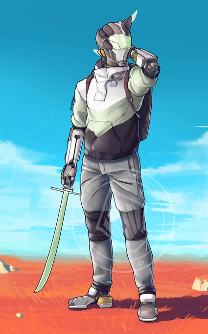 A robot man in a hoodie with a sword
