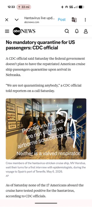 Photo from ABC's article showing people in dust masks amidst the Andes Hantavirus cruise ship outbreak talking to what is presumed to be a medical official wearing a respirator with a valve. None of this is appropriate source control for an airborne virus. 