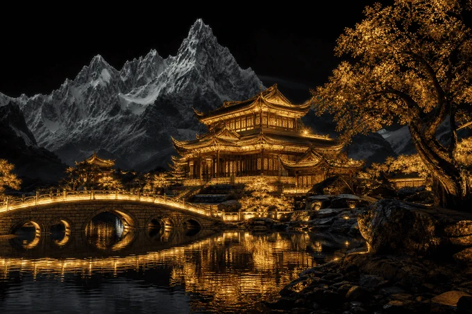 A breathtaking, high-detail 3D digital art masterpiece featuring a traditional East Asian temple glowing with warm golden light, nestled at the base of majestic, snow-capped jagged mountains against a deep black night sky. A gracefully arched stone bridge, illuminated by golden lights, spans a serene, dark reflective pond in the foreground. Surrounding the temple are stylized, glowing golden trees and lush, detailed rock formations. The scene is characterized by sharp focus, cinematic lighting, ethereal atmosphere, and intricate architectural detail, captured in an 8k resolution, photorealistic style with a dark, moody, and mystical aesthetic.