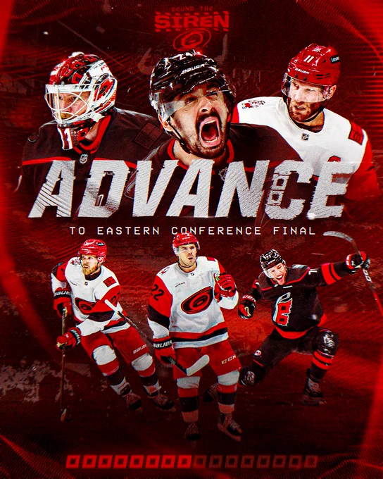 Graphic promoting the Canes advancing to the Eastern Conference Final with Canes players and eight warning flags filled