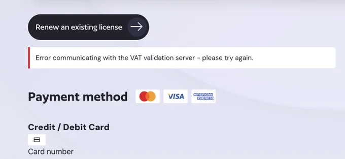 screenshot showing an Error communicating with the VAT validation server.