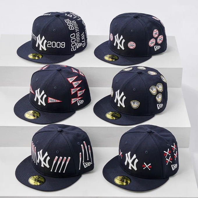 6 images of Yankees caps with assorted patches