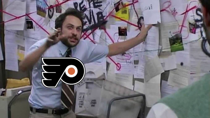 Meme from It's Always Sunny in Philadelphia with a man chaotically making a diagram on a wall with a Flyers logo on him