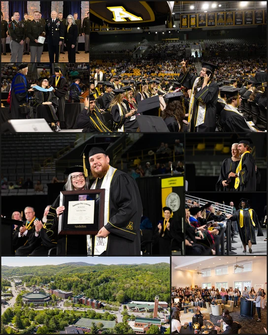 This collage features multiple images from a graduation ceremony at Appalachian State University. Graduates in caps and gowns celebrate on stage and in a large auditorium filled with attendees. 