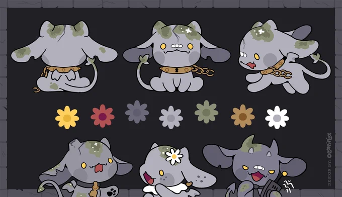 Various poses of a little gargoyle-like puppy made of stone. The mascot comes in various shades of gray and have different moss and floral placements.