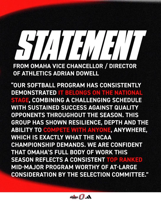 “Our softball program has consistently demonstrated it belongs on the national stage, combining a challenging schedule with sustained success against quality opponents throughout the season. This group has shown resilience, depth and the ability to compete with anyone, anywhere, which is exactly what the NCAA Championship demands. We are confident that Omaha’s full body of work this season reflects a consistent top ranked mid-major program worthy of at-large consideration by the selection committee.”