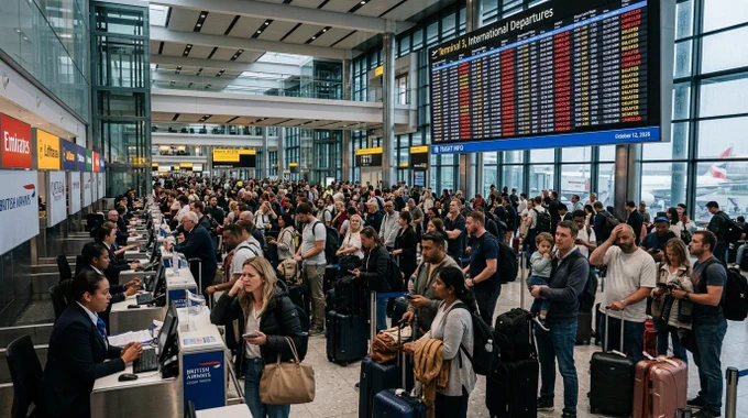 Passengers wait inside a crowded international airport terminal during major airline flight disruptions and cancellations in 2026. Large departure boards display delayed and cancelled flights while travelers stand in long customer service lines with luggage and carry-on bags. The image highlights growing airport congestion, airline operational pressure, and global travel disruptions affecting domestic and international flights. Travelers appear stressed while checking flight updates, mobile notifications, and airline schedules during peak travel season. The airport environment reflects real-world aviation challenges including staffing shortages, route reductions, weather-related delays, and rising passenger demand. The scene also represents modern travel concerns such as missed connections, expensive rebooking costs, and limited alternative flight availability. This visual is suitable for articles about airline cancellations, airport delays, travel insurance, aviation operations,