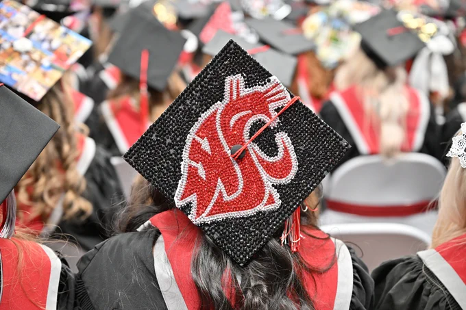 Rear view of a graduate wearing a black cap adorned with a large rhinestone design. The design features a red cougar head logo outlined in white and set against densely packed black rhinestones. The red tassel hangs to one side. Other graduates in black caps and gowns sit in rows ahead, with white folding chairs visible among the crowd.