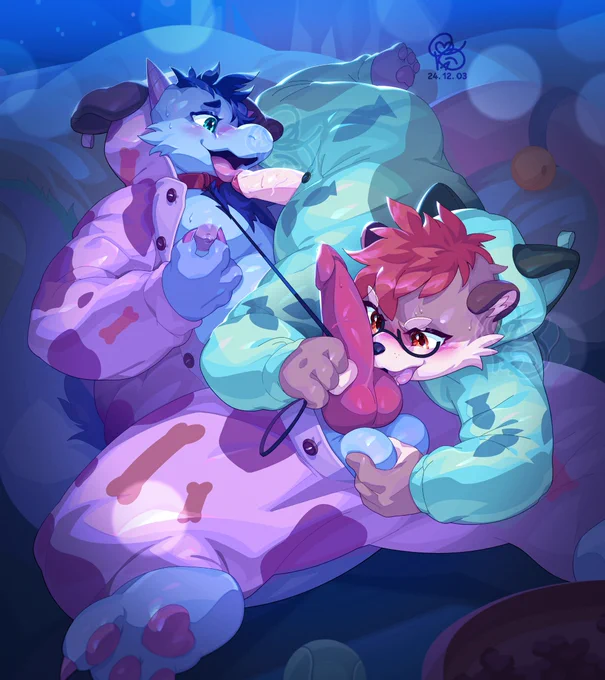 Digital illustration. An otter boy and a dragon boy wearing animal kigurumi are licking each other's dicks. Both characters are deeply focused on their activity. In the background, a large pillow supports them. The overall mood is romantic, with bokeh effects and moonlight, and the characters have cute and sexy expressions.