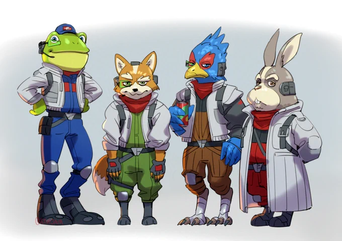rocket raccoon looking animals on two legs in space jackets. Lineup of frog, fox, bird, and rabbit. The frog has long legs, longest of the all. But it’s star fox 2026.