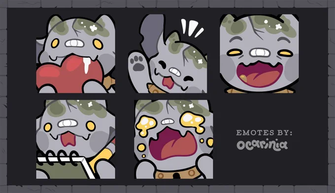 Five various emotes of a gargoyle puppy mascot: chewing on a red heart, waving hello, laughing, taking notes, and sobbing. It reads: “Emotes by ocarinia”