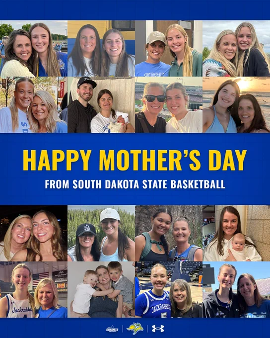 Blue graphic featuring a collage of photos of South Dakota State women's basketball players and their moms. Large yellow text in the center reads “HAPPY MOTHER’S DAY,” with smaller white text below reading “FROM SOUTH DAKOTA STATE BASKETBALL.” Team and sponsor logos appear at the bottom. The overall color scheme is blue and yellow, with a subtle patterned background.