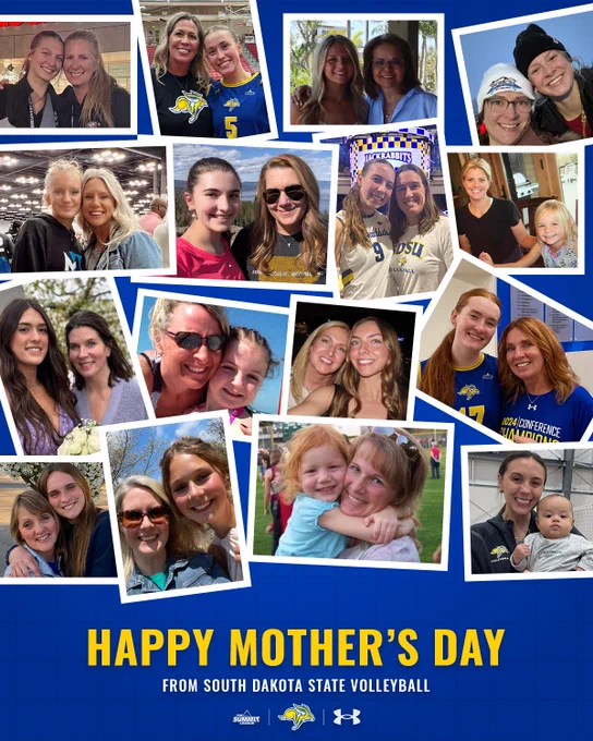 A blue background with a scattered collage of photos showing SDSU volleyball athletes with their mothers. At the bottom, large yellow text reads “HAPPY MOTHER’S DAY,” with smaller white text underneath reading “FROM SOUTH DAKOTA STATE VOLLEYBALL.”