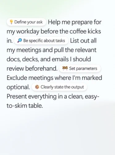 Prompt tips graphic showing how to ask Copilot to prep your workday by listing meetings and related docs in a clean table.