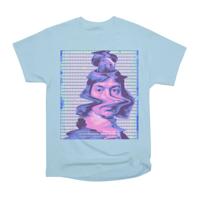 Surreal Y2K glitchcore t-shirt inspired by René Descartes, overthinking culture, and cyber aesthetics featuring distorted vaporwave artwork, dithering textures, and futuristic streetwear energy.