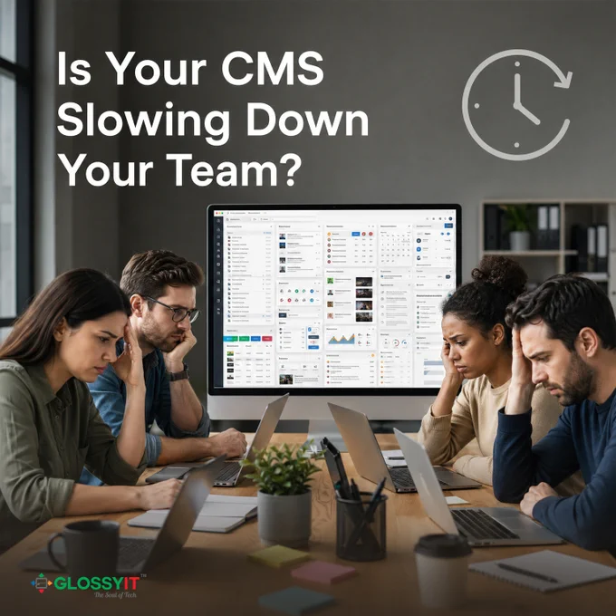 Office team sitting with laptops looking frustrated. Screen shows cluttered CMS dashboard with too many elements. Add subtle clock icon to represent time waste.