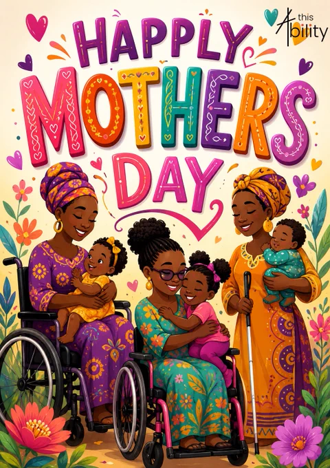 This colorful cartoon-style Mother’s Day poster celebrates African mothers with disabilities in a joyful and empowering way. The image shows smiling women in vibrant traditional outfits, including wheelchair users and a woman using a white cane, lovingly holding children. Bright flowers, hearts, and bold “HAPPY MOTHERS DAY” text create a warm and cheerful atmosphere that highlights love, strength, inclusion, and the beauty of motherhood.