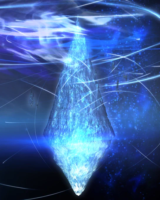 A Final Fantasy 14 screenshot of the Mothercrystal, a large glowing blue crystal surrounded by swirls of aether.